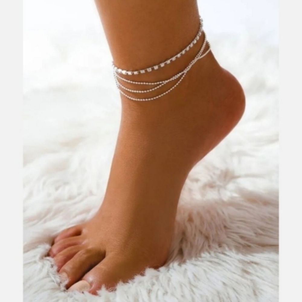 Silver Beaded Rhinestone Chain Tiers Tiered Layered Tennis Ankle Bracelet Anklet - Picture 2 of 16